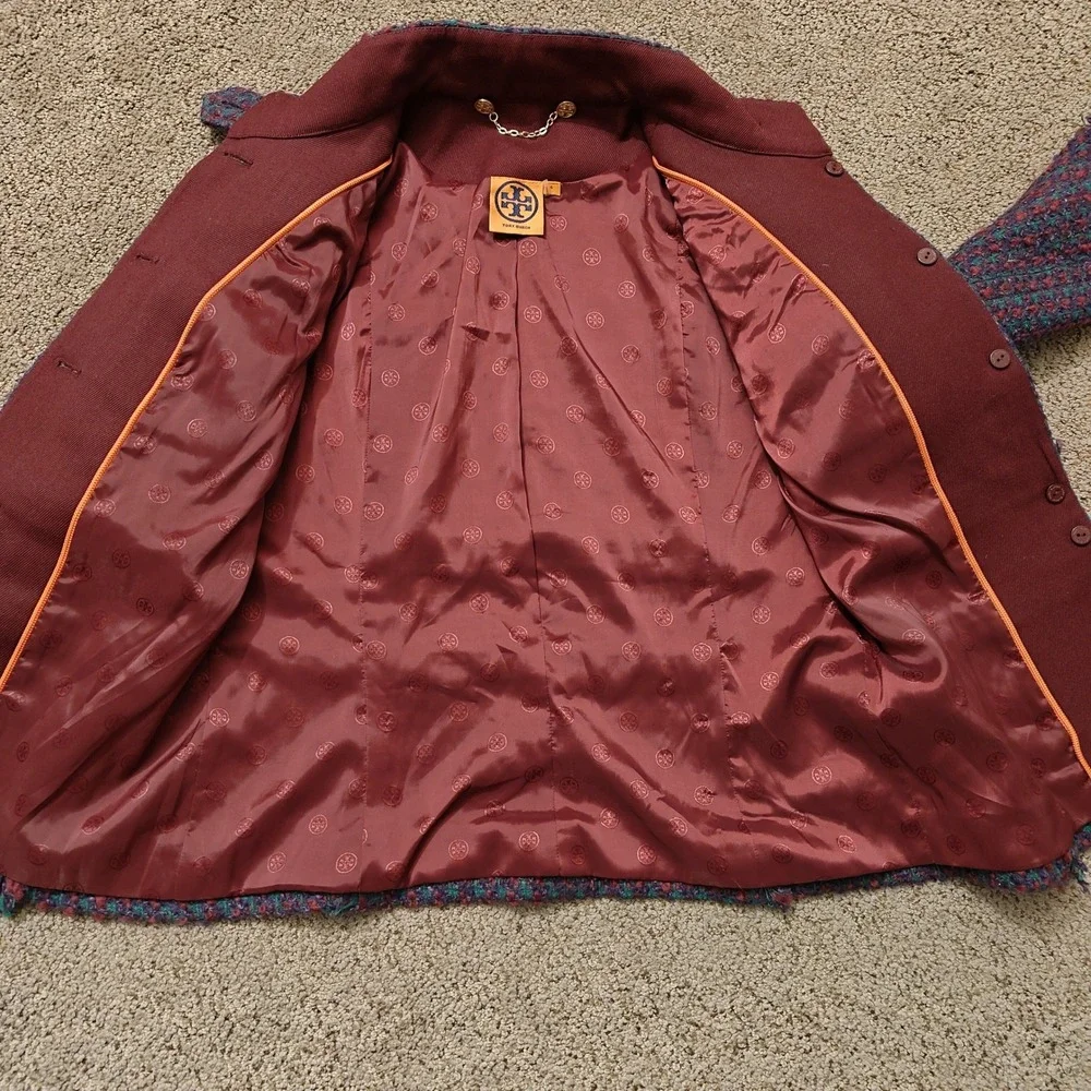 Tory Burch Burgundy Teal Tweed Frayed Trim Military Jacket Size‎ 4 Logo Buttons